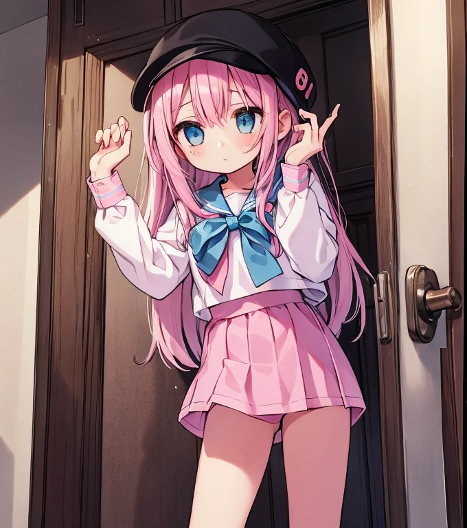 Beautiful illustrations, highest quality, (-yeld gi1.4)、(pretty girl:1.5)、、、Flat Chest、Sailor collar、(White long tunic)、Long sleeve sailor suit、Blue-line cuffs、(Pink Chino Shorts:1.4)、(Pink shorts with wide openings:1.2)、Gap between thighs and shorts、Thin thighs、White socks、 Cinema Lighting, (Pink Long Hair)、Pink Straight Hair、Redness on the cheeks、(Braiding of the back of the head)