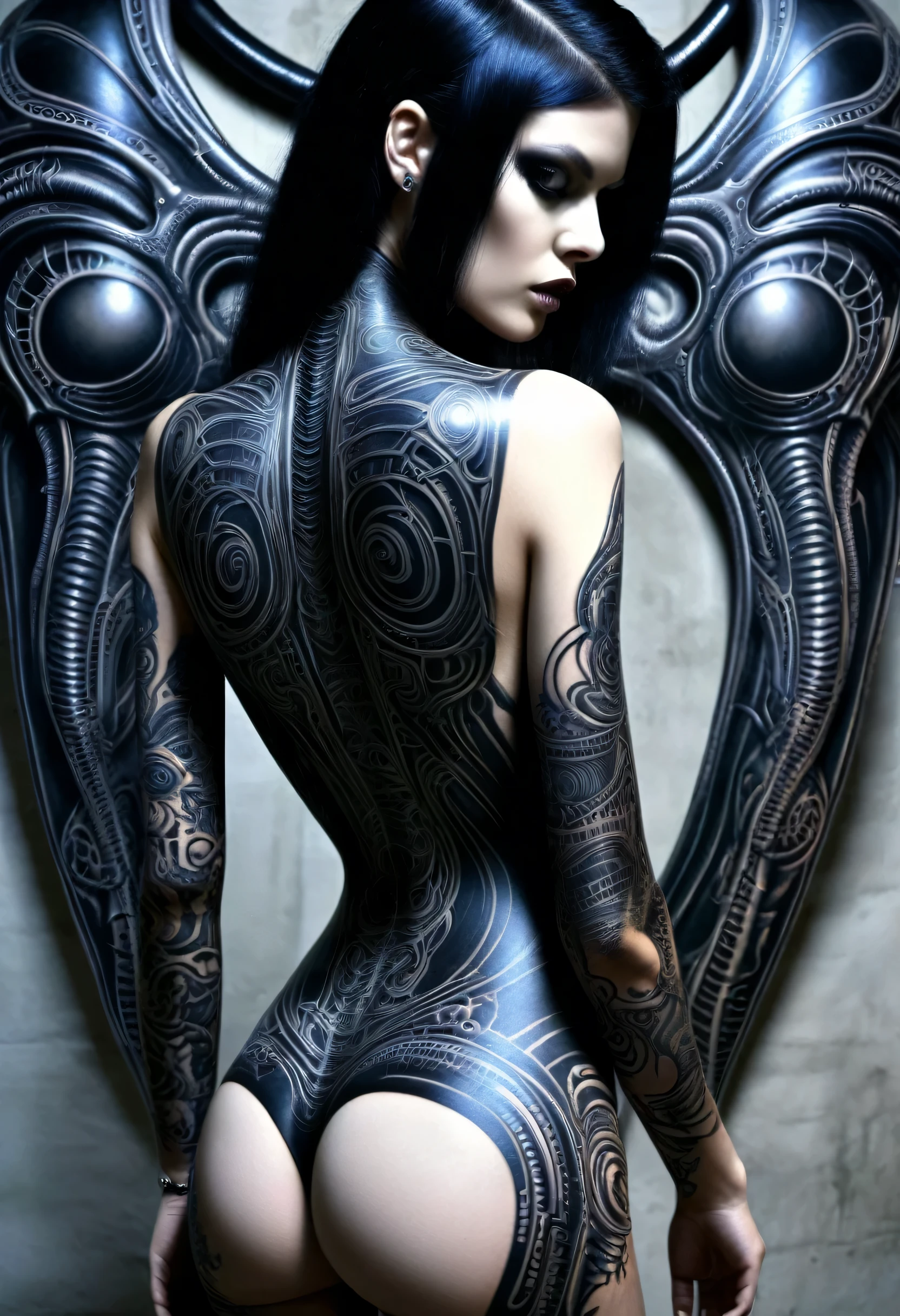 Hr giger tattoos on female model