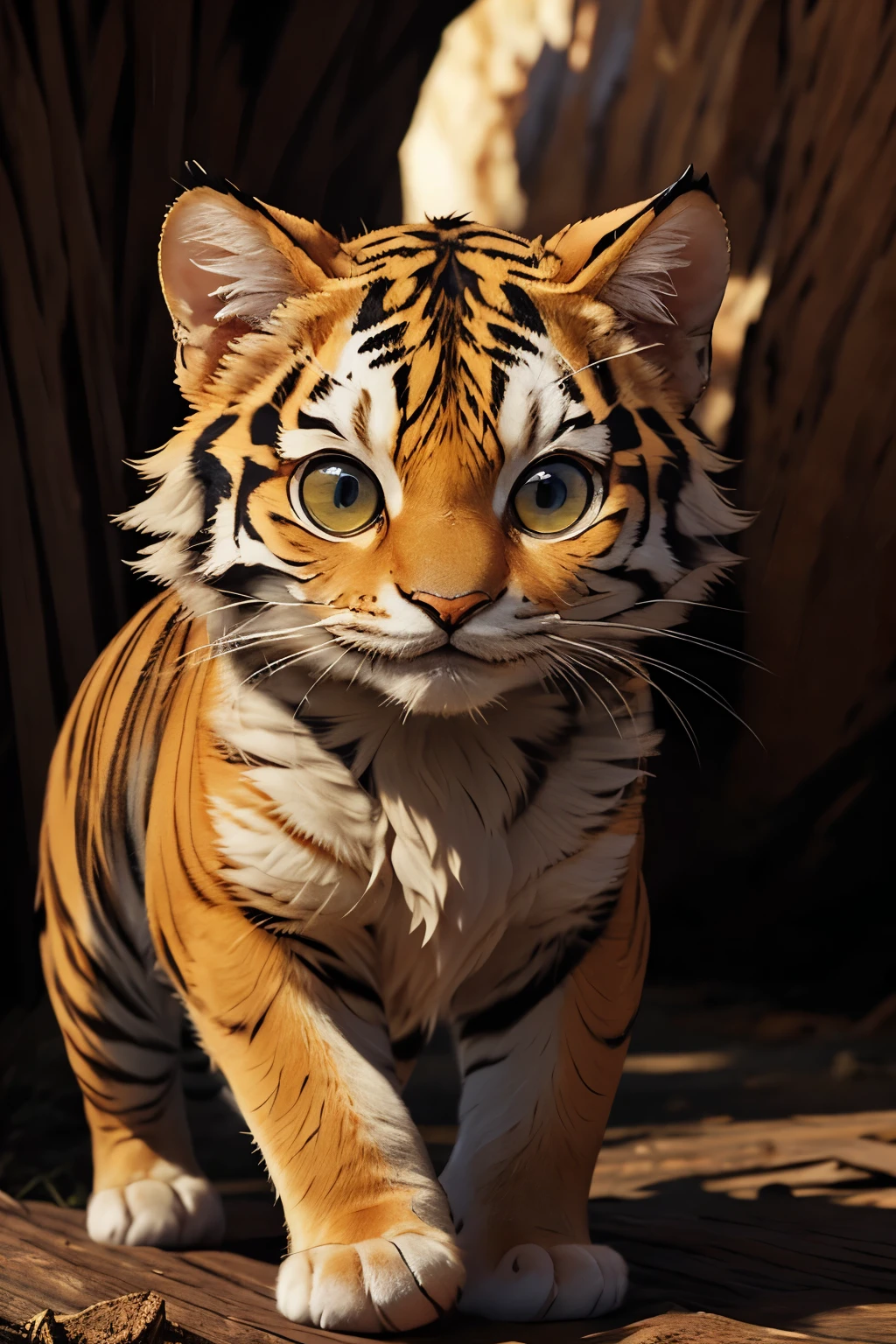 ((best quality)), ((masterpiece)), (detailed), perfect face,
(full body:1.3),
Photo of National Geographic,
1 cute fluffy for hybrid of tiger and kitten,
it is the most beautiful and wonderful thing, it behaves in a special way, subtly with a pose of great fierceness, adorable, cat ears, cat tail, fine and stylized body, eyes for tiger,
eyes should be large and expressive, a moment of curiosity or playfulness.,
Capturing the essence of mischief,
perched stump, with wood chips,
playing with soap bubbles,
surreal landscape, imagination swirling, dreamworld,
Pixar render,
(realistic:1), details down to every fluff,
(masterpiece:1.2), (best quality:1.2), sharp focus, (8k), beautiful, high quality, (hightres:1.1), detailed, extremely detailed, intricate, hyper detailed, illustration, soft lighting, high resolution, sharp detail, perfect lighting,
very dark focused flash photo, amazing quality, masterpiece, best quality, hyper detailed, ultra detailed, UHD, perfect anatomy, dof, hyper-realism, majestic, awesome, inspiring,
cute00d