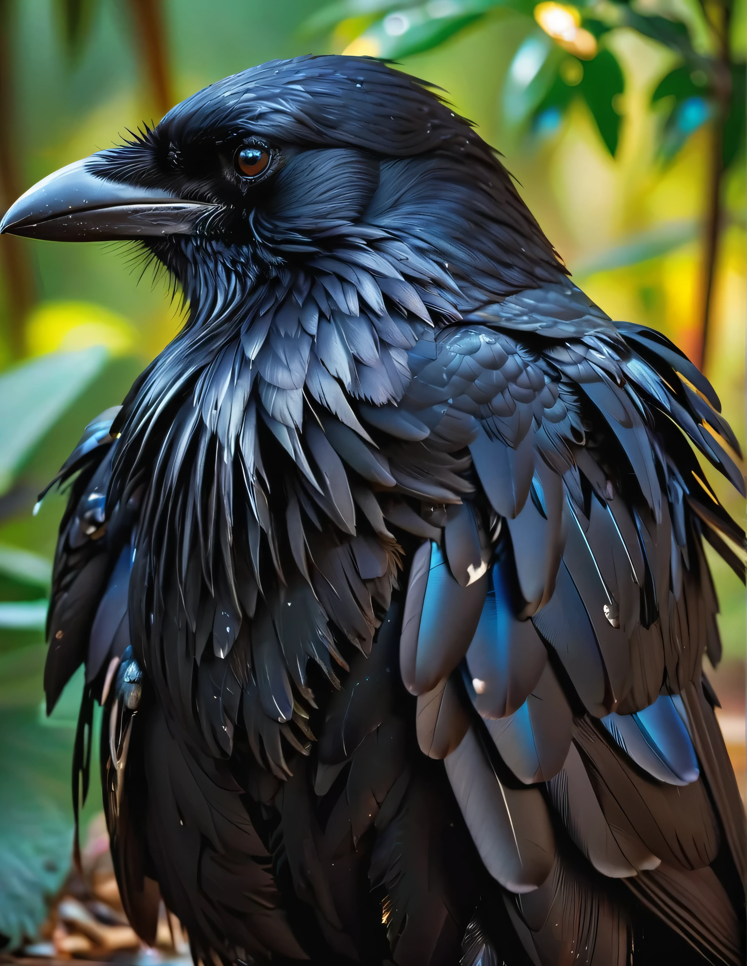 #quality(8k wallpaper of extremely detailed CG unit, ​masterpiece, hight resolution, top-quality, top-quality real texture skin,hyper realisitic, digitial painting,increase the resolution,RAW photos，best qualtiy,highly detailed,the wallpaper),BREAK,#crow head(full body,bathe,beautiful black feathers,shiny feathers,head close up shot,feather repelling water),#background(,in beautiful forest,dappled sunlight,raining),(head close up shot:2.0)