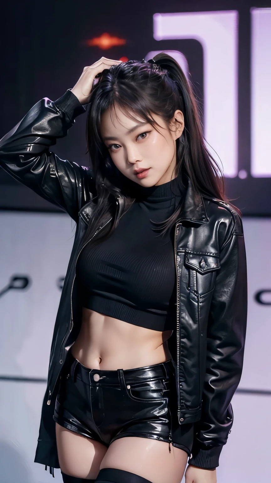 Kim Jennie, wearing a tight black croptop as the inside, wearing an open denim jacket as outer, short black hot pants with black stocking, sexy pose, showing off the beauty of her body