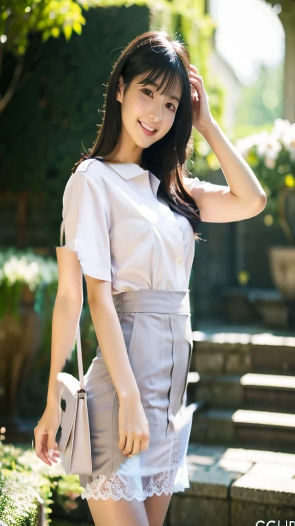 thin、Office uniform with short sleeves、OL Shirt、Grey、grey、The hem of the clothes is sticking out、The slip below is visible、The bottom of the shirt is sticking out