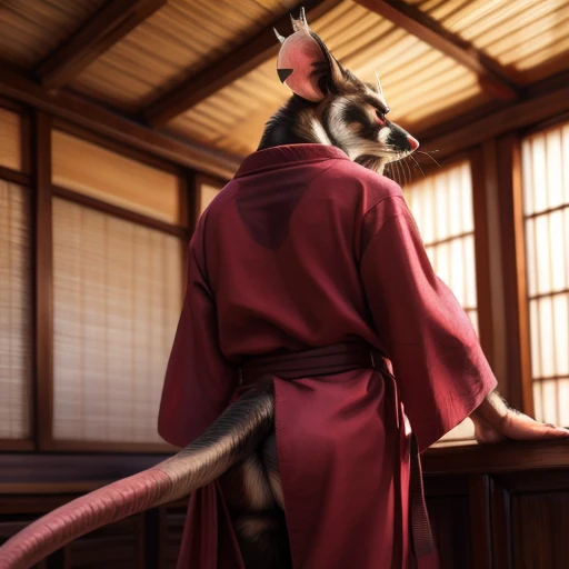 low-angle view,
standing, dojo, japanese temple, inside, clothed, kimono, red kimono, rat tail, red eyes, goatee, brown body, white fur, black fur, bandages, safe,
(master splinter:1.2), rear view, big butt, solo, topwear, bottomwear,
BREAK,
by bruteandbrawn, by personalami, by kenket, (intricate, high detail, film photography, soft focus, RAW candid cinema,
photorealism, realistic, photorealistic, analog style, subsurface scattering,
masterpiece, best quality, ultra realistic, 8k)