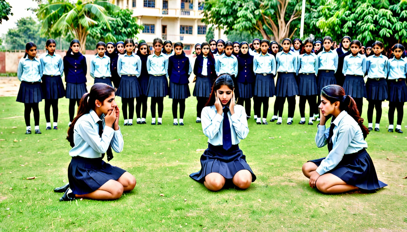 Pakistani college girls wearing skirt uniform kneeling down holding ears in Play ground in punishment