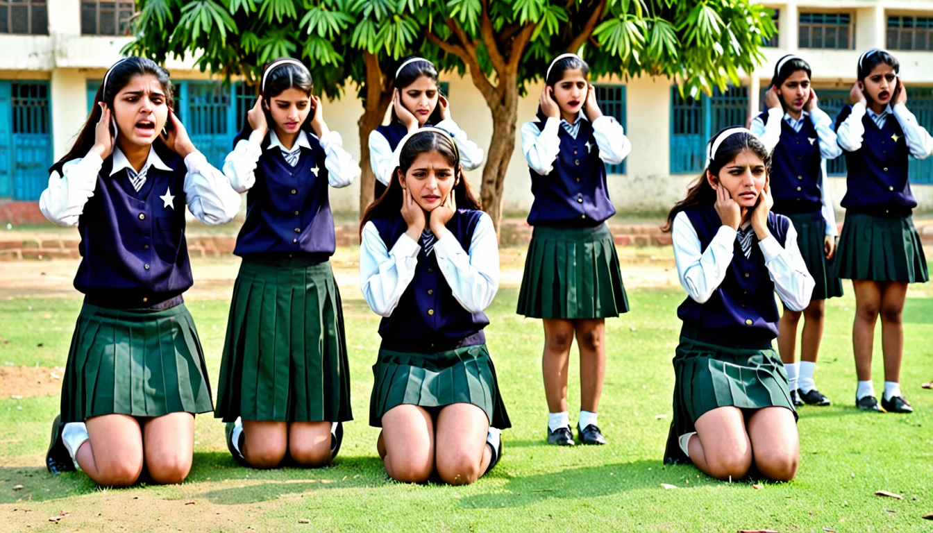 Pakistani college girls wearing skirt uniform kneeling down holding ears in Play ground in punishment