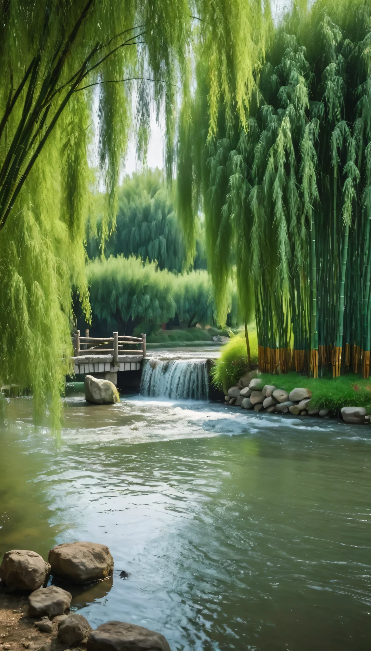 (masterpiece, best quality:1.2),There is a stream in front of the tile house，There are willow trees by the river，bamboo，swallow，rain，Mo Feng，simple pictures