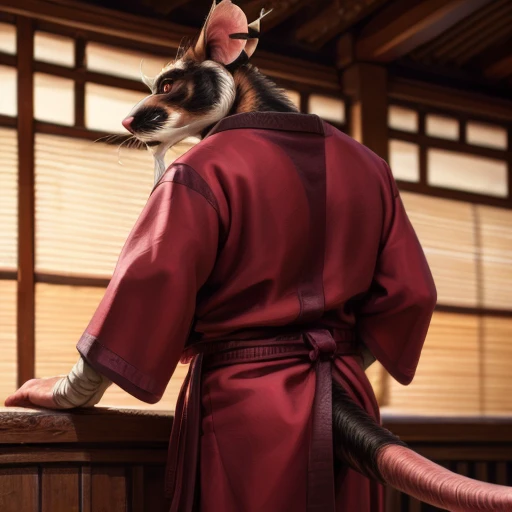 low-angle view,
standing, dojo, japanese temple, inside, clothed, kimono, red kimono, rat tail, red eyes, goatee, brown body, white fur, black fur, bandages, safe,
(master splinter:1.2), rear view, solo, topwear,
BREAK,
by bruteandbrawn, by personalami, by kenket, (intricate, high detail, film photography, soft focus, RAW candid cinema,
photorealism, realistic, photorealistic, analog style, subsurface scattering,
masterpiece, best quality, ultra realistic, 8k)