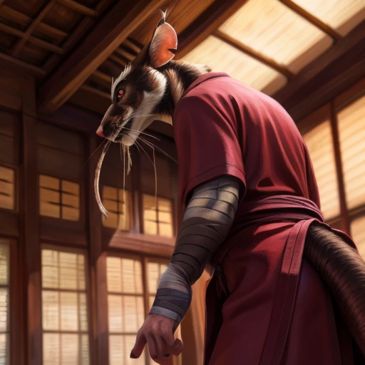 low-angle view,
standing, dojo, japanese temple, inside, clothed, kimono, red kimono, rat tail, red eyes, goatee, brown body, white fur, black fur, bandages, safe,
(master splinter:1.2), rear view, solo, topwear,
BREAK,
by bruteandbrawn, by personalami, by kenket, (intricate, high detail, film photography, soft focus, RAW candid cinema,
photorealism, realistic, photorealistic, analog style, subsurface scattering,
masterpiece, best quality, ultra realistic, 8k)