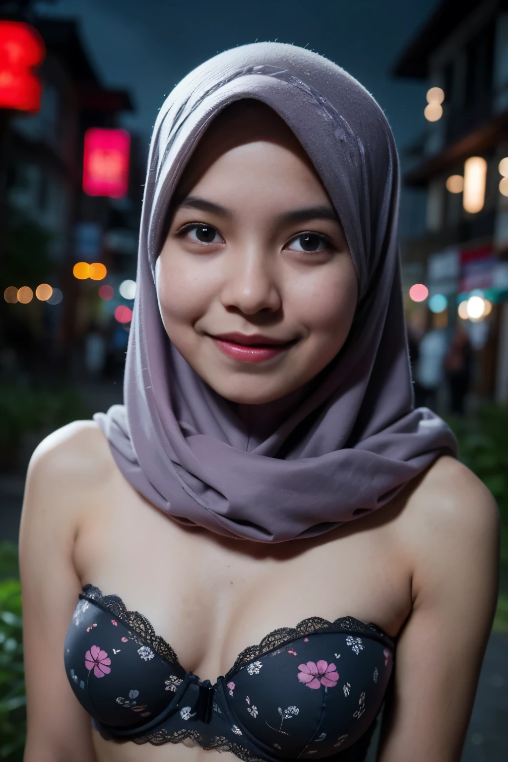 ((Open mouth)), ((Lace)), (Happy smile), (((HIJAB MALAY GIRL))), masutepiece, High quality, UHD 32K, Realistic face, Realistic skin feeling , A Japanese Lady, 58 years old matured lady, , Very cute and baby-like face, (((FLAT CHEST))), (Night time at forest), ((look In front  at the camera and SADNESS)), (((GREY FLUORESCENT))), (((CUTE GIRL))), ((GREY FLUORESCENT LIPS)), ((Floral Pattern)) little wearing strapless bra, strapless colorful bra, dark night background , black forest night, horror scary place, (from behind up) seductive pose