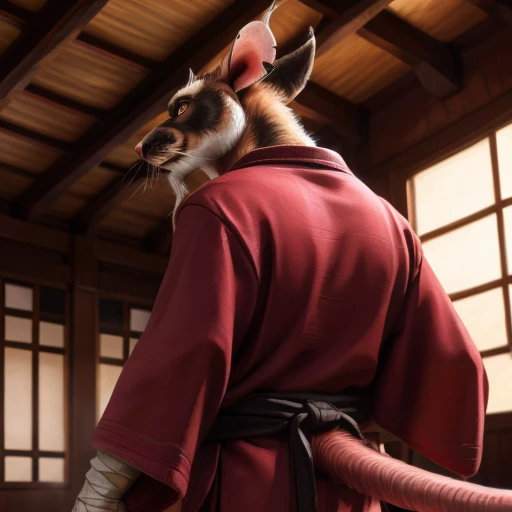 low-angle view,
standing, dojo, japanese temple, inside, clothed, kimono, red kimono, rat tail, red eyes, goatee, brown body, white fur, black fur, bandages, safe,
(master splinter:1.2), rear view, solo, bottomwear,
BREAK,
by bruteandbrawn, by personalami, by kenket, (intricate, high detail, film photography, soft focus, RAW candid cinema,
photorealism, realistic, photorealistic, analog style, subsurface scattering,
masterpiece, best quality, ultra realistic, 8k)