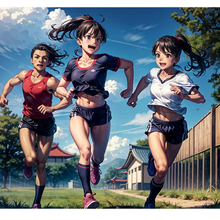 (Highest quality, Masterpiece), (Beautiful Japanese girl, ), ponytail, smile, sport girl, medium breasts,sport bra, full body, running girl,