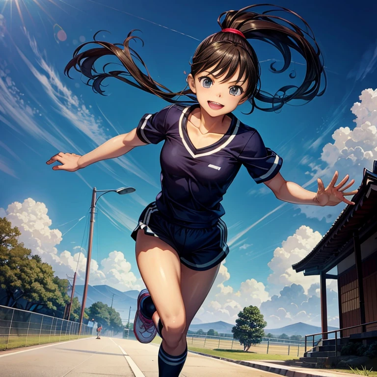 (Highest quality, Masterpiece), (Beautiful Japanese girl, 11 years old), ponytail, smile, sport girl, medium breasts,sport bra, full body, running girl,