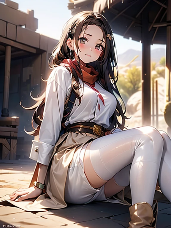 ((in a desert:1.5)), a matured woman with long hair and a white outfit, (resting in oasis:1.2), Arabic, Post apocalyps, from arknights, artwork in the style of guweiz, bodyesbian, fine details. girls frontline, beautiful anime illustration, from girls frontline, by Yang J, stunning, 26 years old, (solo:1.5), (sfw:1.25), sagging breast, large breasts, big tits, thin waist, big ass, Raised sexy, (dark mahogany medium long hair, updo, hair over one eye, asymmetric hair, Carly hair, low tied),(musulman, Headscarfs, hair bands, head vandage, Turban), (ultra high resolution, 8K RAW photo, photo realistics, weak outline:1.3, clear focus), best qualtiy, natural lighting, blurry back ground, field depth, (Bright pupils, detailed beautiful eyes, high detailed face), Red lip, looking at viewers, (tight focus:1.2, from below), sexy posing, seductive weak smiling, center image, (wearing white long jacket and clothes, wearing short pants, gold ornaments, white clothes rolling around waist, camel-brown long leather boots, translucent lace pantyhose), ((correct anatomy:1.5)), ((outdoor:1.2)),
