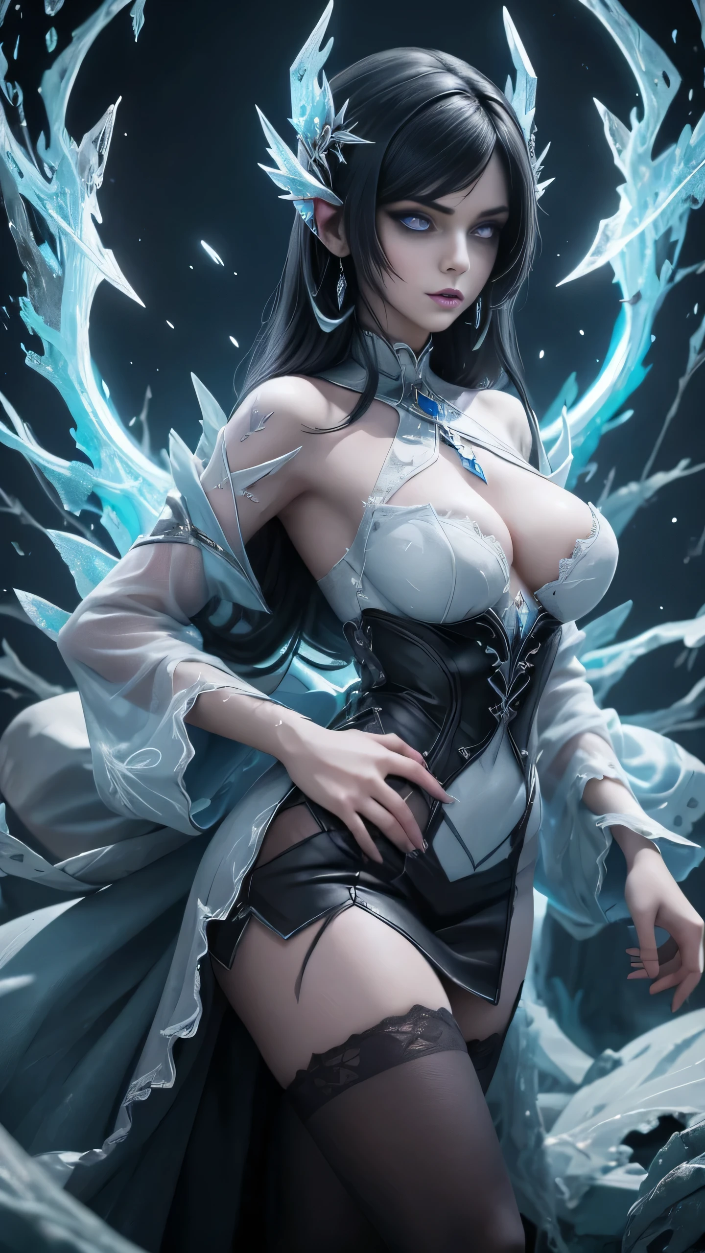 There is a full size figure of a beautiful zombie women with cute face black hair silver white eyes dark blue eye shadows and frost blue lips dressed in purple Gothic dress with glass ice claws on her fingers, women walk thru the swamp emanates grave chilling frost aura ground froze where she steps , high quality beautiful face, detailed anime art, detailed anime wallpaper , high quality illustration. 8k top quality details