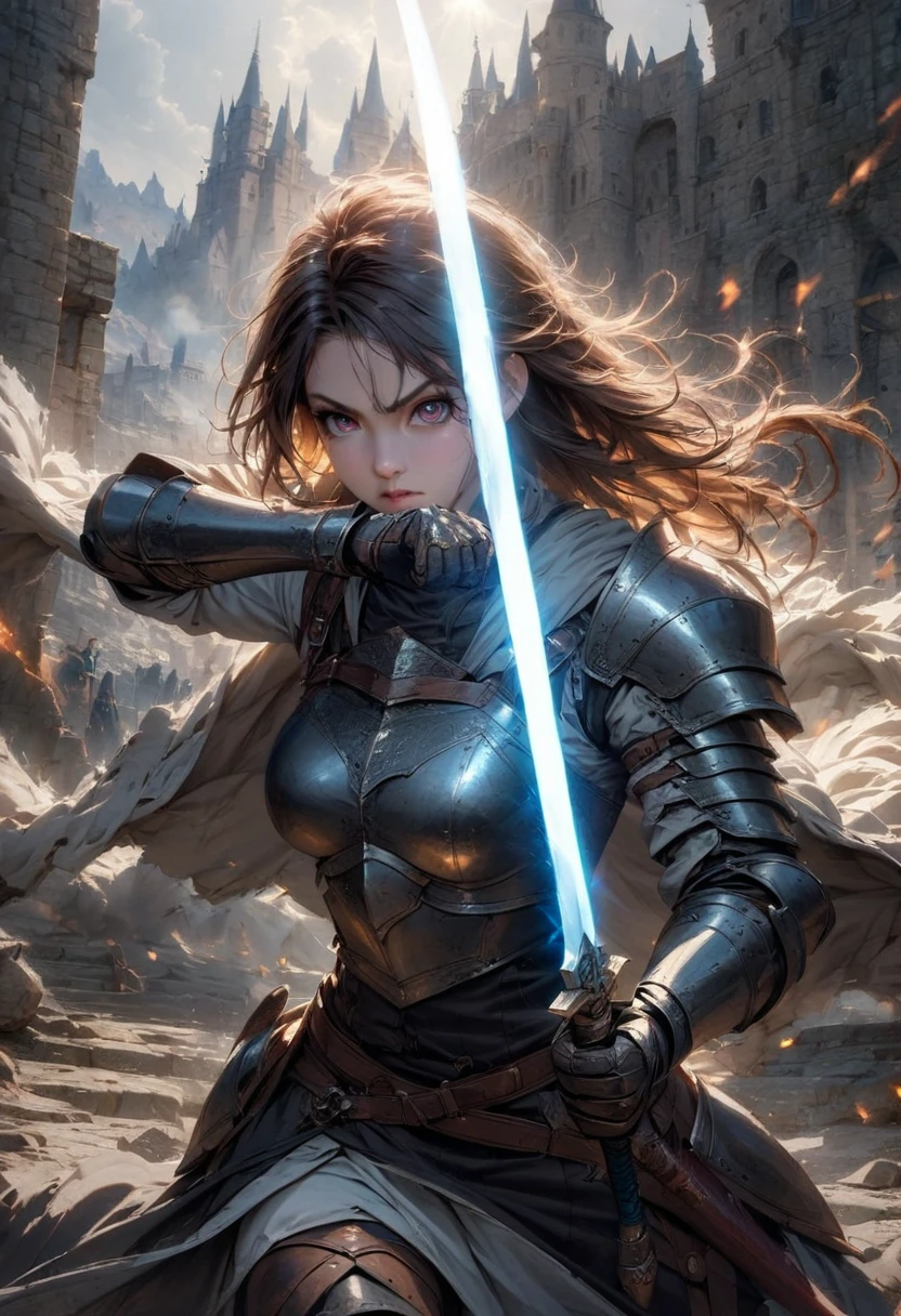 1girl,Swordsman,(with sword and armor),medieval setting,heroic pose,dramatic lighting,vivid colors,realistic details,strong and muscular,action-packed,blade sparkling in sunlight,background of castle and mountains,battlefield chaos,worn and battle-scarred armor,steely determination,ferocious eyes,swirling cloak,confident and skilled stance,(sword slashing through the air:1.1).(best quality,4k,highres),epic battle scene,brave and fearless warrior,striking and powerful image.