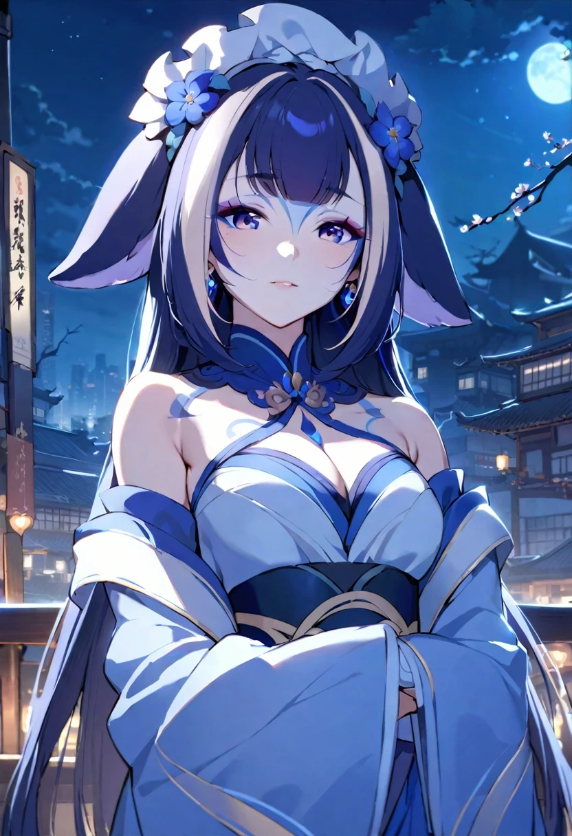 (shylily/(Twich/):1.5),(masterpiece:1.2),(best quality:1.2),, (1girl:1.3),high quality, Rich details, Japanese-style, 1girl unique flirting, Kimono bare-shouldered beauty, Perfect for highlighting thighs and cleavage,A shrine at night, Smiling with a fan in hand, black silk body, Fox ear tail and collarbone, Long hair shawl, Sexy side , Long and slender legs