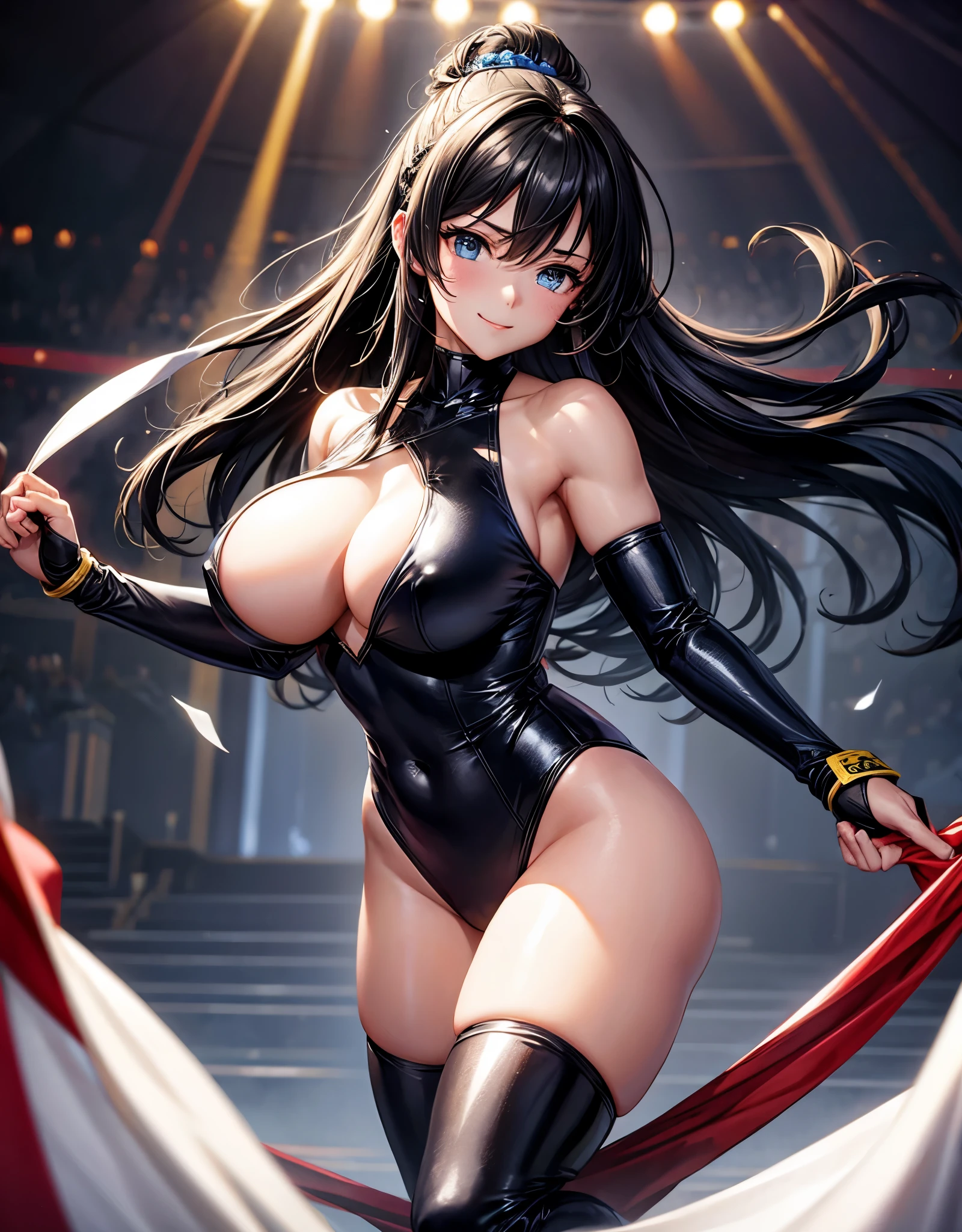 beautiful girl、Fighter、Black Hair、long hair、、sexy、Sexy、Antle le、gown、leotard、High leg、Wristband、Gloves、Long shoes、canvaat、On the Ring、Match in the ring、venue、The whole body is visible、Abdominal muscles、Fighting Pose、one person、Raising leg、high kick pose