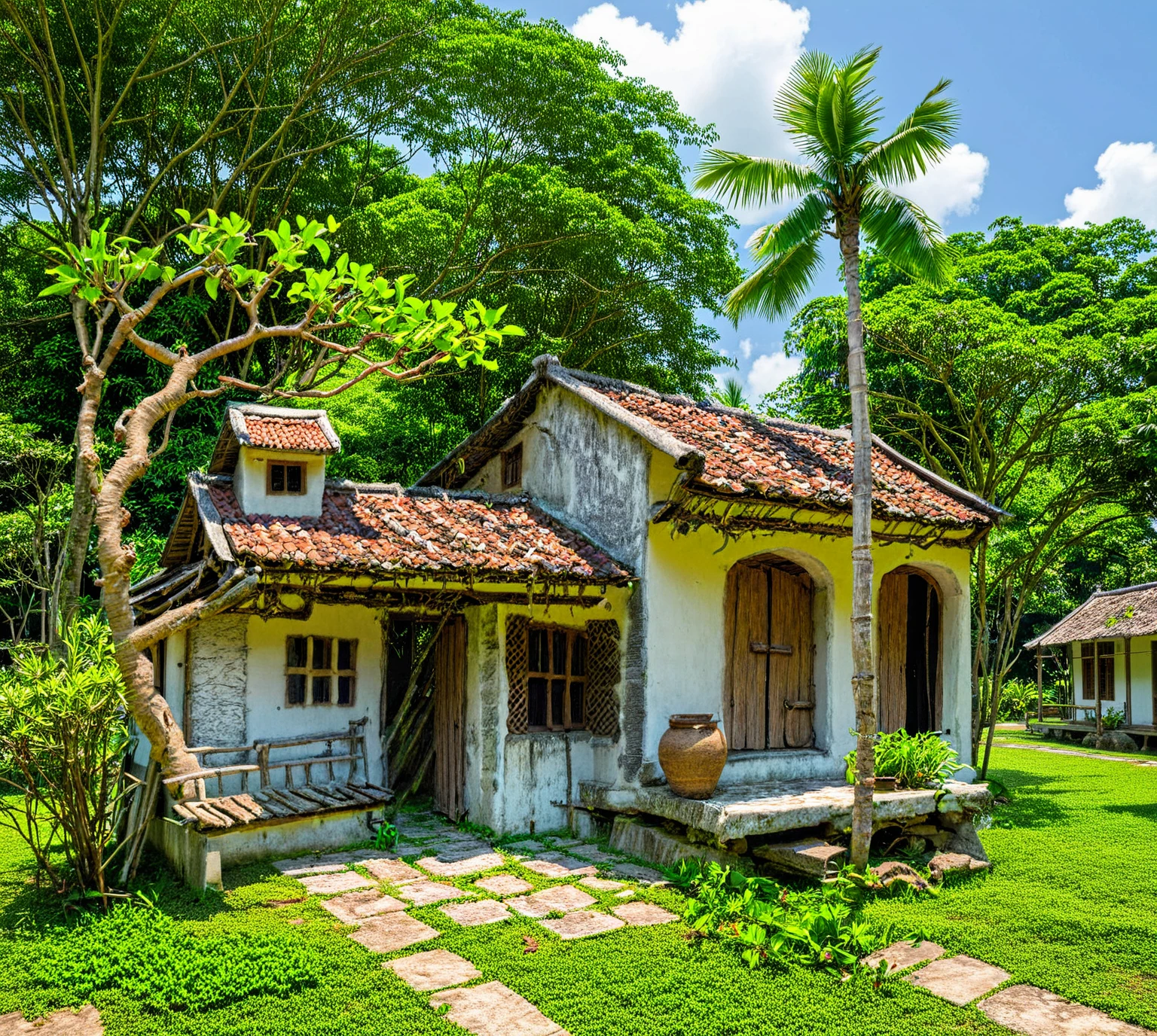 there is a large pot sitting outside of a building with a roof, old building, old house, old buildings, hut, longhouse, centre image, frontview, inside house in village, village house, an abandonded courtyard, roof with vegetation, version 3, thatched roofs, colonial house in background, peaked wooden roofs, full - view, phuoc quan