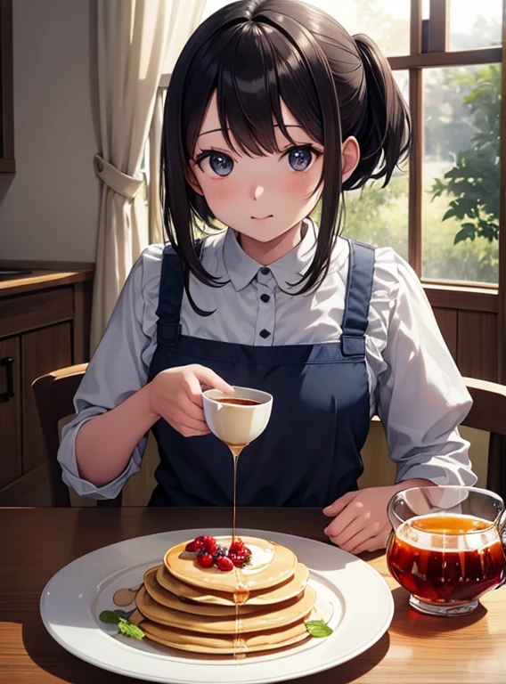 araffe pancake with berries and mint leaves on a white plate, pancake, 生きた食べ物 愛らしいpancake, recipe, pancakeフラットヘッド, delicious, maple syrup, milk, delicious食べ物, pancakeショートラージヘッド, syrup, Layered, Natural morning light, フラットpancakeヘッド, radiant morning light, Hearty breakfast,Black tea