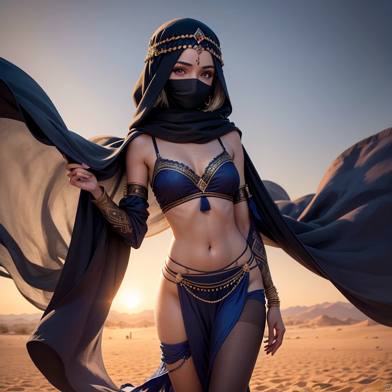 in the middle of the evening desert, a young woman in dark blue Bedouin clothes walking along the sand, her face is half hidden, black strands from under her headdress, a light wind flutters the fabric, sand in the air, brightness of color