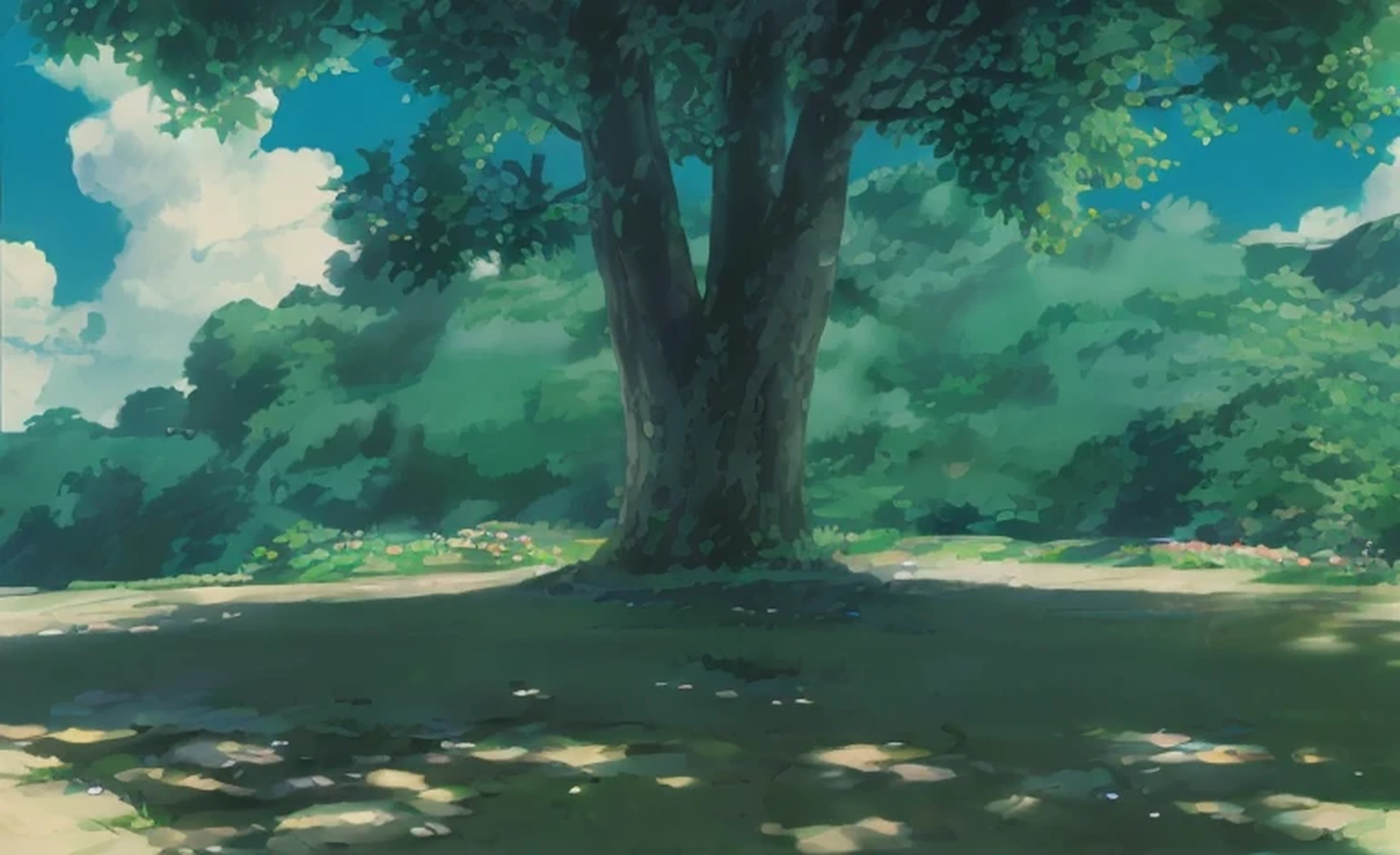 ghibli,Studio Ghibli、Totoro、summer、sunlight、sunlight filtering through the foliage、spirit、blue sky