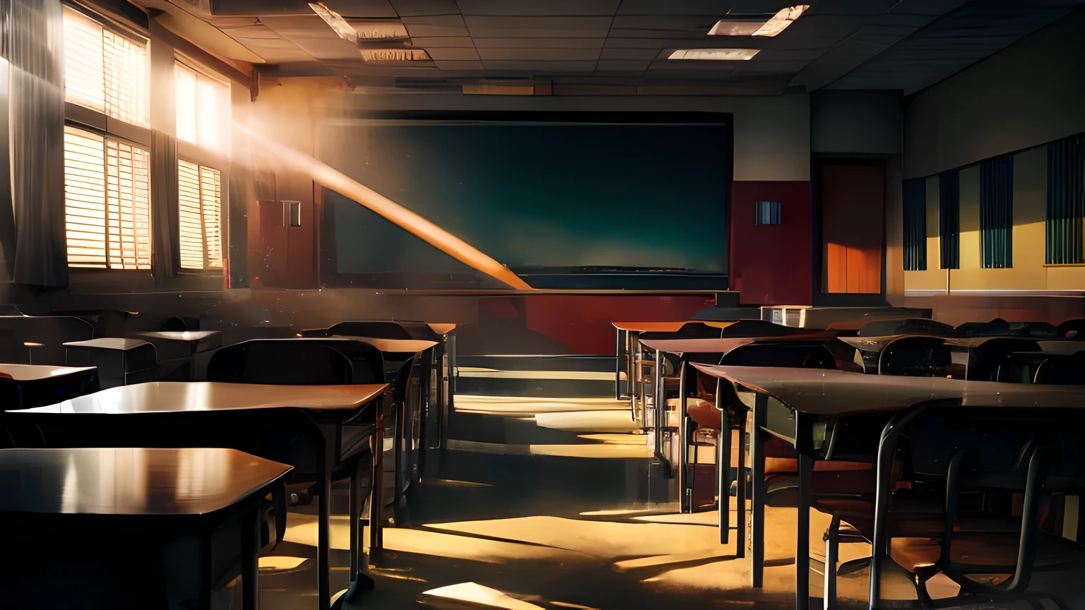  (((Cinema Lighting))), God&#39;s Rays, Zoom Layer, Canon, Seriously working on beautiful Japan, School, In an empty classroom,Messy desk, evening, Sunset,no human, Nostalgic