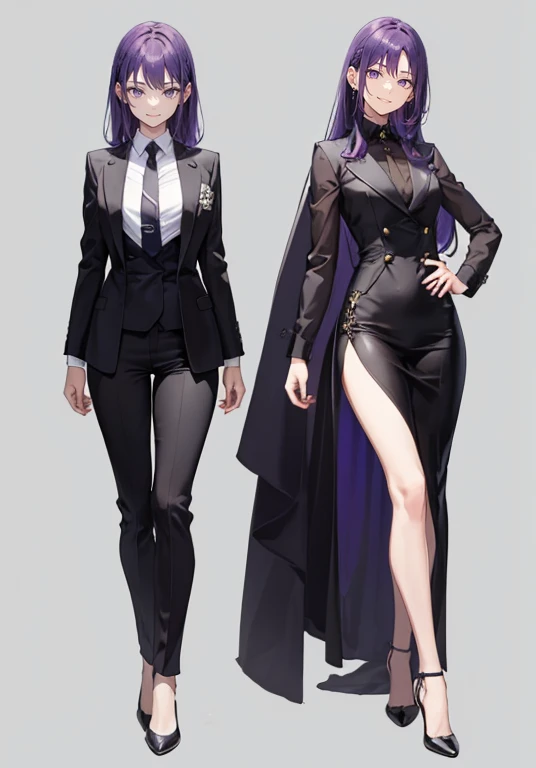 ((Perfect Face)),Purple Hair,Long Hair,1 female,bartender,suit,Black vest,Roll up your sleeves,Y-shirt,tie,slit,High heels,Stand with your feet shoulder-width apart,Beautiful posture,Hall々Stand with,,((Simple Background)),smile,((whole body)),((Full Body)),((full body)),Portraiture,virtual,upright,,((Both arms are down)),Standing upright with face and body facing forward,