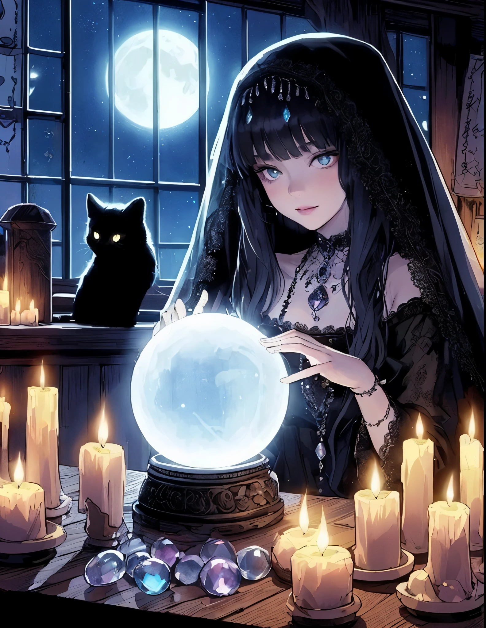 1lady solo, sitting at table, (using large crystal for fortune-telling), fortune teller outfit, black head veil, jewelry, mature female, /(black hair/) bangs, cool expression, (light smile:0.6), (masterpiece best quality:1.2) delicate illustration ultra-detailed BREAK (crystal glowing mysteriously) on table, (hands over crystal) BREAK (mysterious fortune-telling shop) indoors, countless candles, ancient goods, (black cat), dimly lit, moonlight, detailed background
