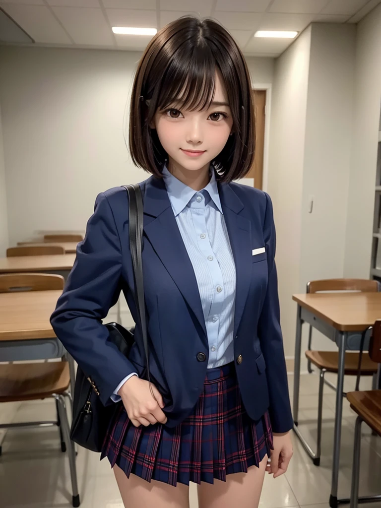 (8k, RAW Photos, highest quality), Stand in the classroom of school, (((((((One woman))))))), ((brown hair)), ((Short Bob Hair)), ((Detailed eyes)), ((smile)), ((Red tie)), (((Dark blue closed blazer))), (((A blue plaid pleated miniskirt that wraps around the hips))), Asymmetrical bangs, 少しのsmile, Thighs, knees, Random pose，pretty girl，Slender girl