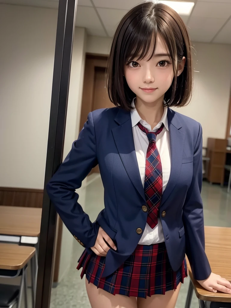 (8k, RAW Photos, highest quality), Stand in the classroom of school, (((((((One woman))))))), ((brown hair)), ((Short Bob Hair)), ((Detailed eyes)), ((smile)), ((Red tie)), (((Dark blue closed blazer))), (((A blue plaid pleated miniskirt that wraps around the hips))), Asymmetrical bangs, 少しのsmile, Thighs, knees, Random pose，pretty girl，Slender girl