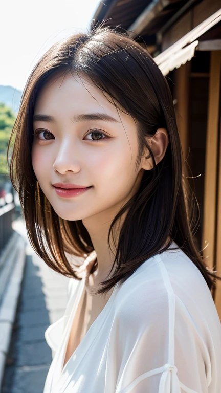 With the alleys of Kyoto in the background、18-year-old girl、Independent、Look forward、Light eye makeup、Brown Hair Color、Flat 、Hair blowing in the wind、quality of actress、Shiny, Ultra-realistic faces、Smiling face、Watery eyes、look up、Subtle lighting effects、 Ultra-Realistic Capture、Very detailed、High resolution 16k human skin closeup。Skin texture must be natural、The details must be clear enough to identify pores.、skin is healthy、Must be of uniform tone、Use natural light and color、High quality photos taken by modeling agencies&#39;Exclusive photographer、smile
