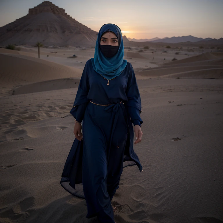 in the middle of the evening desert, a young woman in dark blue Bedouin clothes walking along the sand, her face is half hidden, black strands from under her headdress, a light wind flutters the fabric, sand in the air, brightness of color