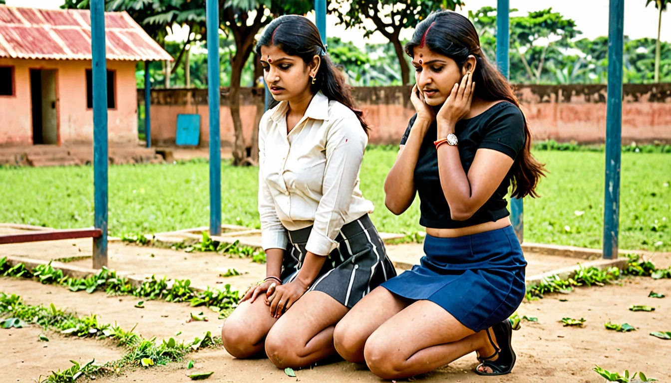 Indian women wearing short skirt kneeling down holding ears in Play ground in punishment