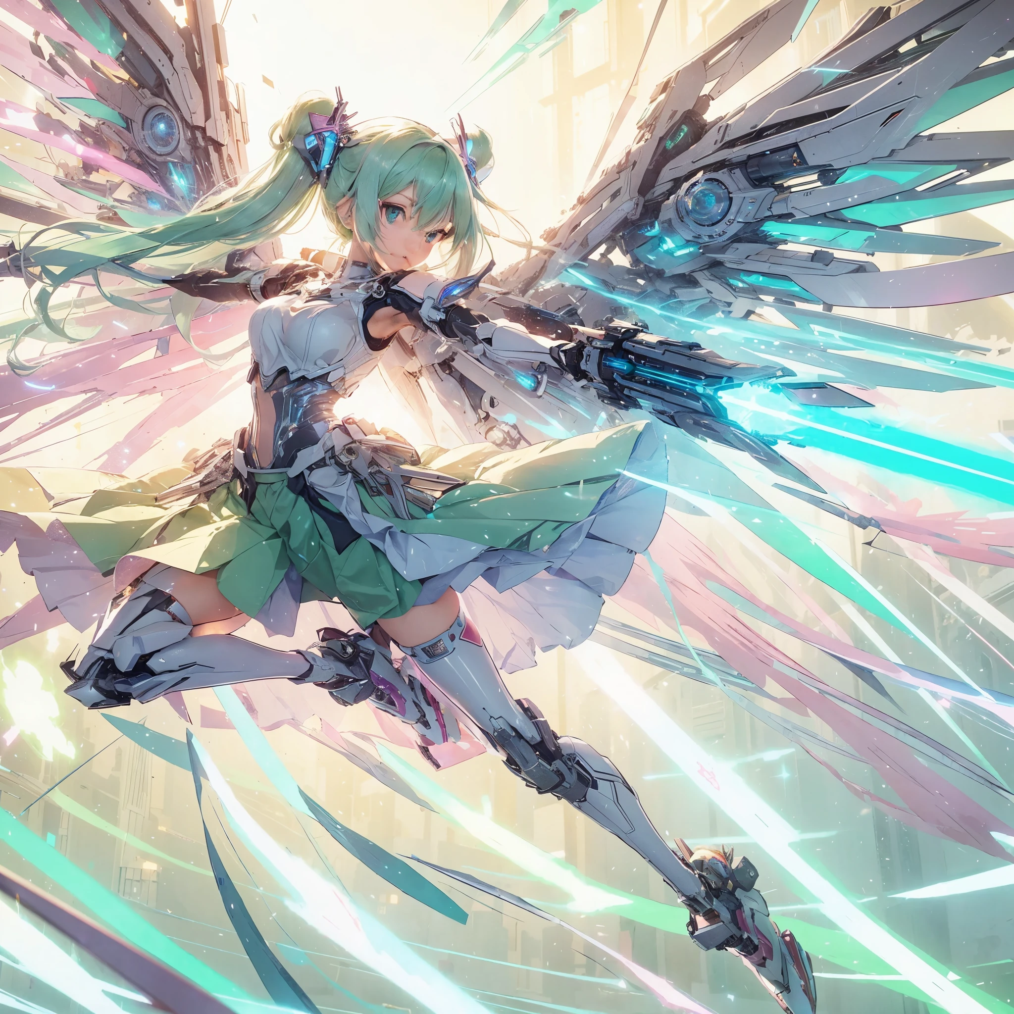 Anime style illustration of a girl with pastel green hair in aerial beam sword action. Made by FuturEvoLab, (X-ray style: 1.5), Detailed explanation, (Mecha flare type skirt: 1.5), This is a scene where a girl captures her movements. Aerial battles and performances that are dynamically composed of movement and intensity. Mechanical wings, futuristic mechs, extradimensional cyberpunk, glowing core reactors, etheric energy fields, bright colors, intricate details, movies