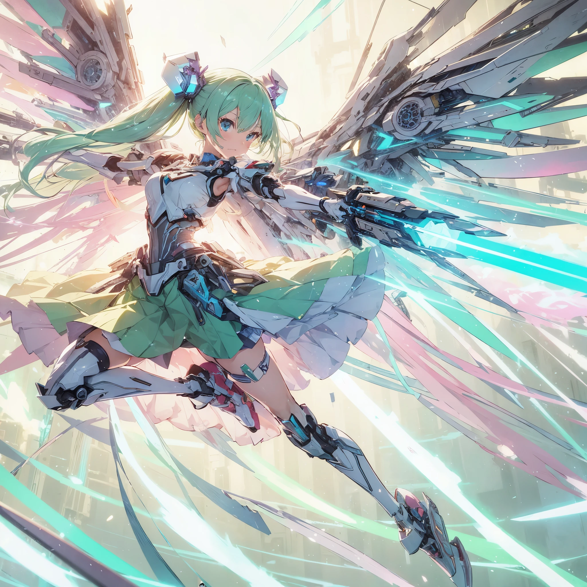 Anime style illustration of a girl with pastel green hair in aerial beam sword action. Made by FuturEvoLab, (X-ray style: 1.5), Detailed explanation, (Mecha flare type skirt: 1.5), This is a scene where a girl captures her movements. Aerial battles and performances that are dynamically composed of movement and intensity. Mechanical wings, futuristic mechs, extradimensional cyberpunk, glowing core reactors, etheric energy fields, bright colors, intricate details, movies