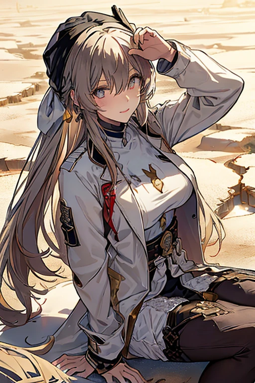 ((in a desert:1.5)), a matured woman with long hair and a white outfit, (resting in oasis:1.2), Arabic, Post apocalyps, from arknights, artwork in the style of guweiz, bodyesbian, fine details. girls frontline, beautiful anime illustration, from girls frontline, by Yang J, stunning, 26 years old, (solo:1.5), (sfw:1.25), sagging breast, large breasts, big tits, thin waist, big ass, Raised sexy, (dark mahogany medium long hair, updo, hair over one eye, asymmetric hair, Carly hair, low tied),(musulman, Headscarfs, hair bands, head vandage, Turban), (ultra high resolution, 8K RAW photo, photo realistics, weak outline:1.3, clear focus), best qualtiy, natural lighting, blurry back ground, field depth, (Bright pupils, detailed beautiful eyes, high detailed face), Red lip, looking at viewers, (tight focus:1.2, from below), sexy posing, seductive weak smiling, center image, (wearing white long jacket and clothes, wearing short pants, gold ornaments, white clothes rolling around waist, camel-brown long leather boots, translucent lace pantyhose), ((correct anatomy:1.5)), ((outdoor:1.2)),