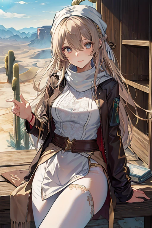 ((in a desert:1.5)), a matured woman with long hair and a white outfit, (resting in oasis:1.2), Arabic, Post apocalyps, from arknights, artwork in the style of guweiz, bodyesbian, fine details. girls frontline, beautiful anime illustration, from girls frontline, by Yang J, stunning, 26 years old, (solo:1.5), (sfw:1.25), sagging breast, large breasts, big tits, thin waist, big ass, Raised sexy, (dark mahogany medium long hair, updo, hair over one eye, asymmetric hair, Carly hair, low tied),(musulman, Headscarfs, hair bands, head vandage, Turban), (ultra high resolution, 8K RAW photo, photo realistics, weak outline:1.3, clear focus), best qualtiy, natural lighting, blurry back ground, field depth, (Bright pupils, detailed beautiful eyes, high detailed face), Red lip, looking at viewers, (tight focus:1.2, from below), sexy posing, seductive weak smiling, center image, (wearing white long jacket and clothes, wearing short pants, gold ornaments, white clothes rolling around waist, camel-brown long leather boots, translucent lace pantyhose), ((correct anatomy:1.5)), ((outdoor:1.2)),
