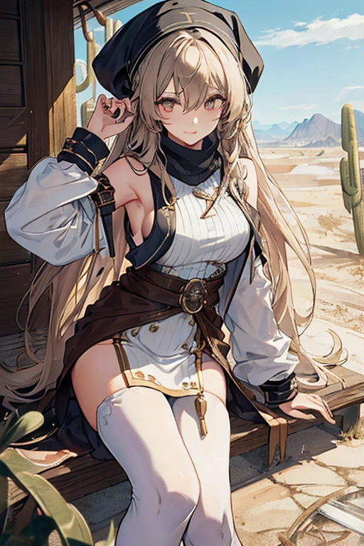 ((in a desert:1.5)), a matured woman with long hair and a white outfit, (resting in oasis:1.2), Arabic, Post apocalyps, from arknights, artwork in the style of guweiz, bodyesbian, fine details. girls frontline, beautiful anime illustration, from girls frontline, by Yang J, stunning, 26 years old, (solo:1.5), (sfw:1.25), sagging breast, large breasts, big tits, thin waist, big ass, Raised sexy, (dark mahogany medium long hair, updo, hair over one eye, asymmetric hair, Carly hair, low tied),(musulman, Headscarfs, hair bands, head vandage, Turban), (ultra high resolution, 8K RAW photo, photo realistics, weak outline:1.3, clear focus), best qualtiy, natural lighting, blurry back ground, field depth, (Bright pupils, detailed beautiful eyes, high detailed face), Red lip, looking at viewers, (tight focus:1.2, from below), sexy posing, seductive weak smiling, center image, (wearing white long jacket and clothes, wearing short pants, gold ornaments, white clothes rolling around waist, camel-brown long leather boots, translucent lace pantyhose), ((correct anatomy:1.5)), ((outdoor:1.2)),