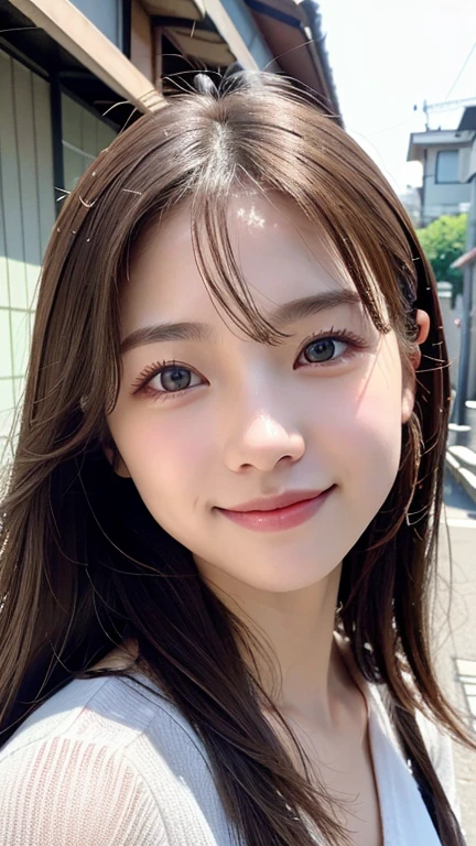 With the alleys of Kyoto in the background、18-year-old girl、Independent、Look forward、Light eye makeup、Brown Hair Color、Flat 、Hair blowing in the wind、quality of actress、Shiny, Ultra-realistic faces、Smiling face、Watery eyes、look up、Subtle lighting effects、 Ultra-Realistic Capture、Very detailed、High resolution 16k human skin closeup。Skin texture must be natural、The details must be clear enough to identify pores.、skin is healthy、Must be of uniform tone、Use natural light and color、High quality photos taken by modeling agencies'Exclusive photographer、smile