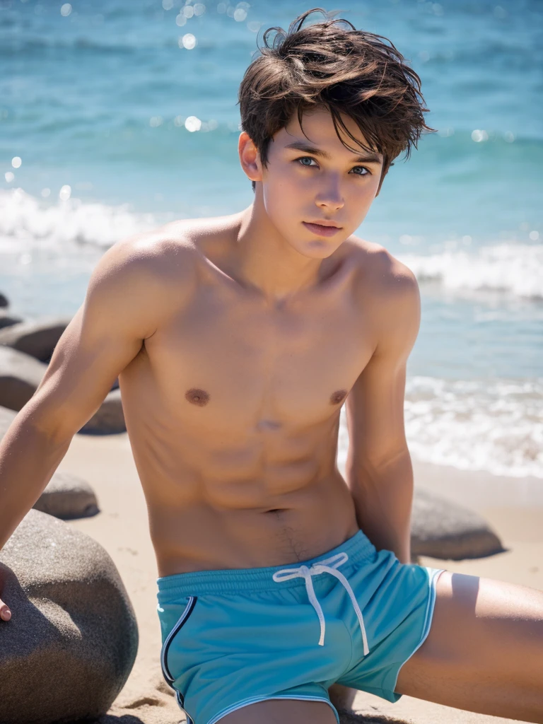 A -yeld boith short shorts without a shirt on the beach next to a rock light brown hair very white skin blue eyes very fine features handsome boy 