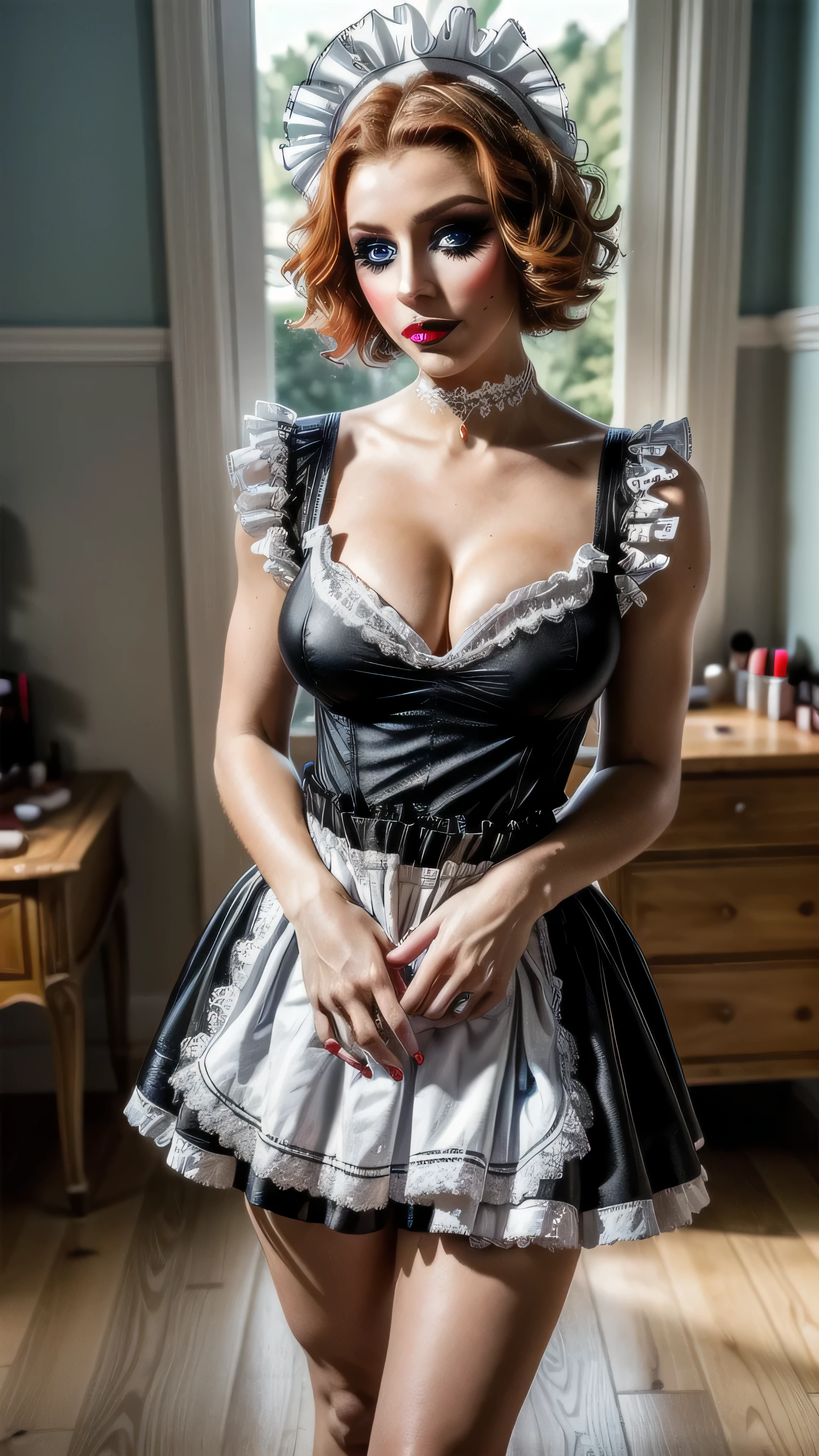 (masterpiece), (extremely intricate:1.3), (realistic), female, 19 years old, ((([small breasts:large breasts:0.3], short curly [silver hair:bright ginger hair:0.3]), solo female Euro albino, smiling red lipstick, ((Makeup:1.4)))), metal reflections, outdoor, intense sunlight, golden hour, professional photograph of a stunning girl detailed, sharp focus, dramatic, award winning, cinematic lighting, volumetrics dtx, (film grain, blurry background, blurry foreground, bokeh, depth of field, interaction), 8K, (((standing in a seductive pose in a bedroom, dress on the floor))), ((freckles: 0.9)), fujicolor, god rays, ((((body tattoo: 0.7)))) BREAK; BREAK ((((glowing) ice blue eyes))) BREAK ((((french maid skirt, cleavage))))