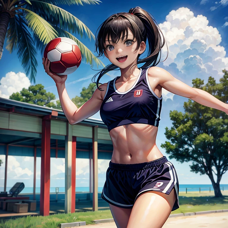 (Highest quality, Masterpiece), (Beautiful Japanese girl, ), ponytail, smile, sport girl, medium breasts,sport bra, full body, football beach,