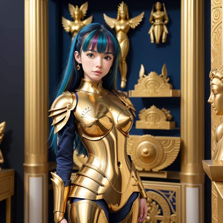 une femme, 25 ans, manga, cheveux longs, cheveux multicolores, high level of detail, saint seiya, armure bleue, bronze armor, blue armor, signes du zodiaque, Grèce antique, Dans un temple antique, armure du zodiac, zodiac cloth, Carved