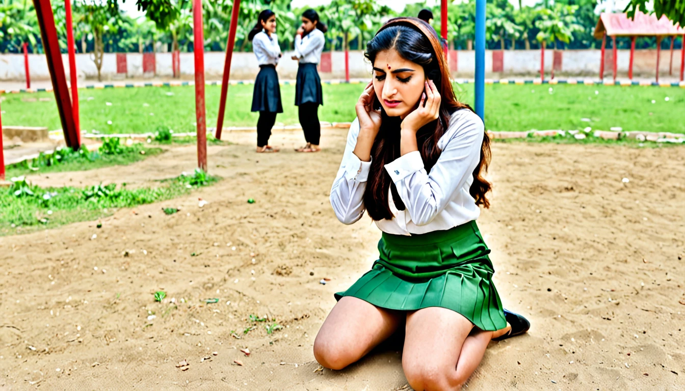 Pakistani women wearing short skirt kneeling down holding ears in Play ground in punishment