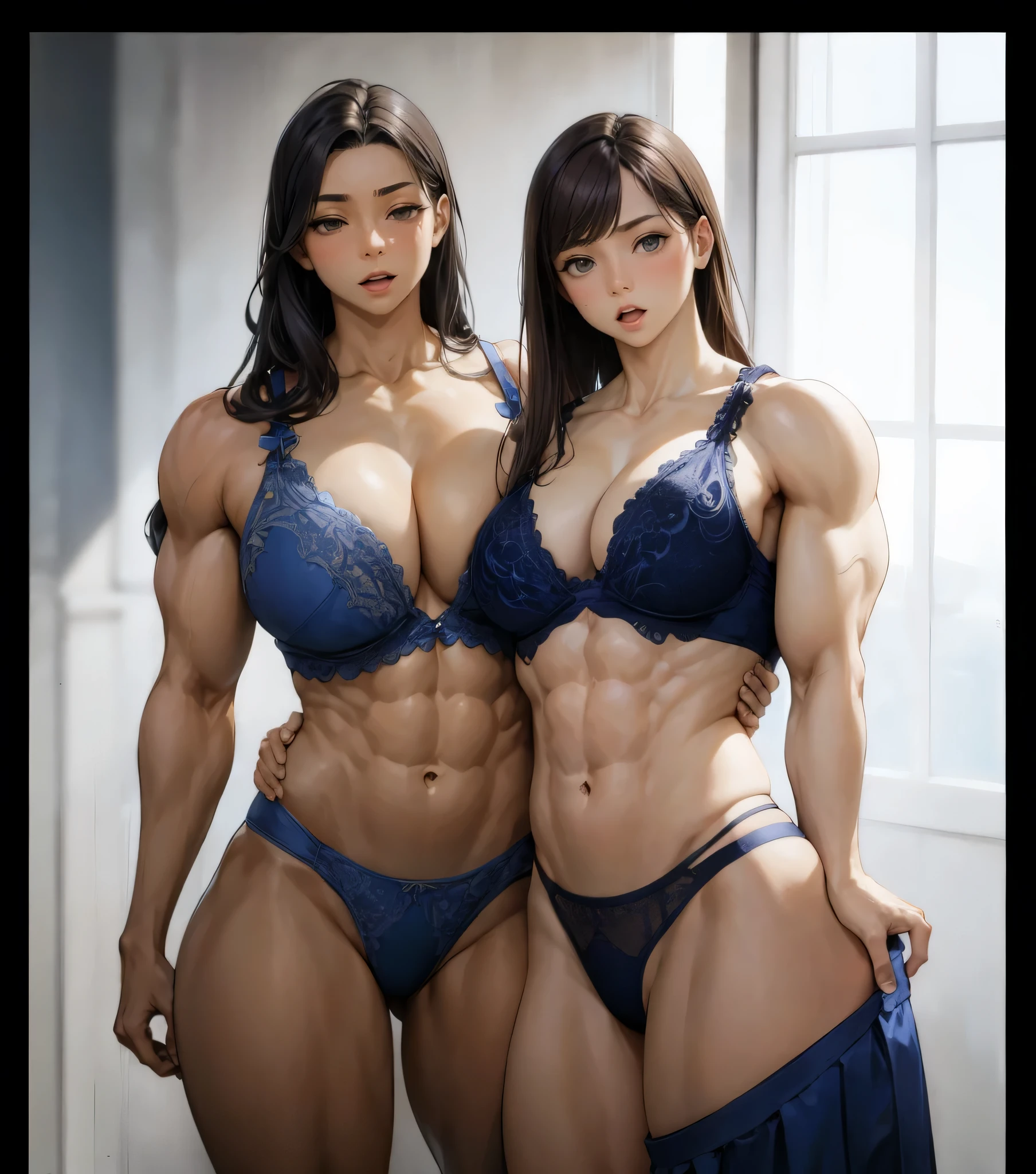 ,2girls,beautiful face, muscular female, alternate muscle size,camisole,open mouth,muscular ,torn clothes,muscular ,biceps,