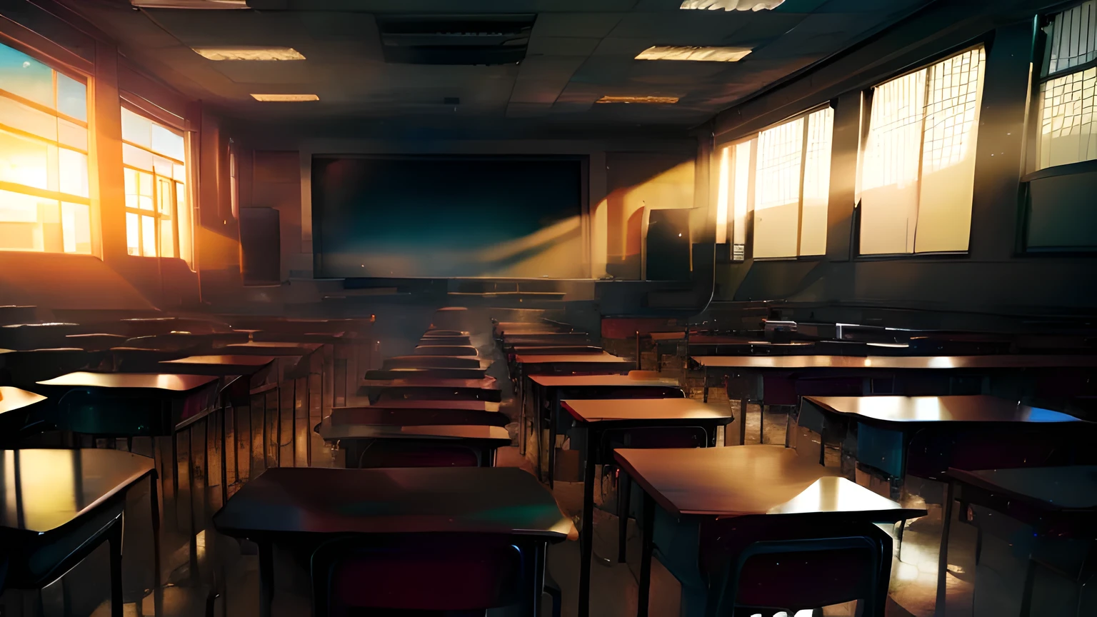 (((Cinema Lighting))), God's Rays, Zoom Layer, Canon, Seriously working on beautiful Japan, School, In an empty classroom,Messy desk, evening, Sunset,no human, Nostalgic