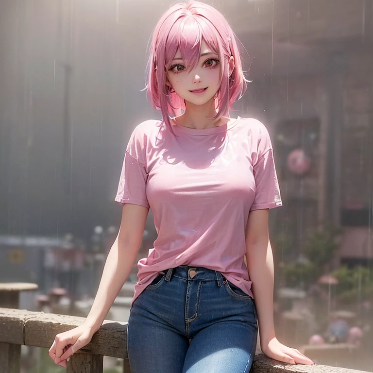 (1Girl, 18yo, ((messy bubblegum pink hair)), she are smiling, pink slutry eyes, (wearing ((sexy)) tight jeans and white t-shirt)), ((In a rain))