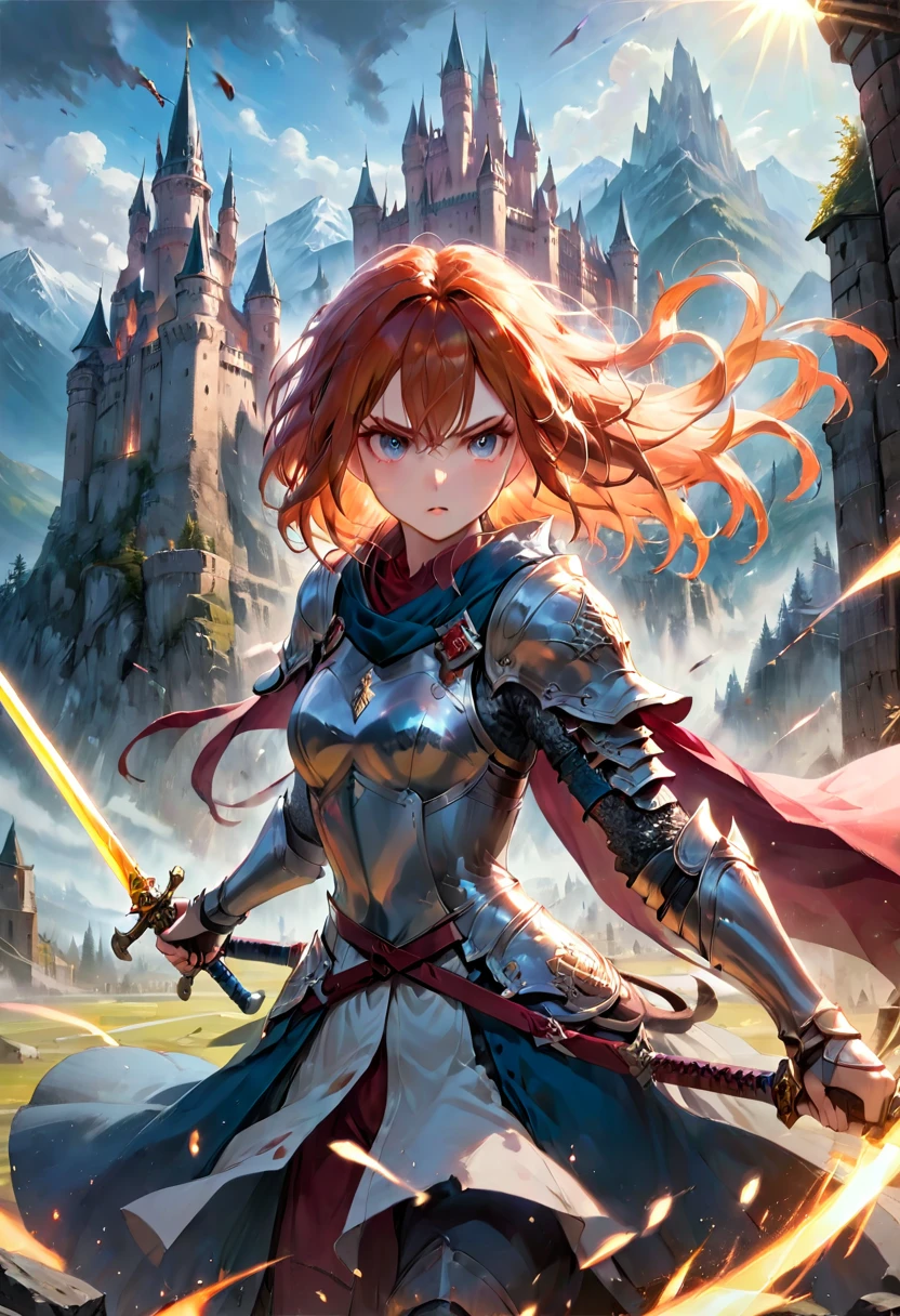 1girl,Swordsman,(with sword and armor),medieval setting,heroic pose,dramatic lighting,vivid colors,realistic details,strong and muscular,action-packed,blade sparkling in sunlight,background of castle and mountains,battlefield chaos,worn and battle-scarred armor,steely determination,ferocious eyes,swirling cloak,confident and skilled stance,(sword slashing through the air:1.1).(best quality,4k,highres),epic battle scene,brave and fearless warrior,striking and powerful image.