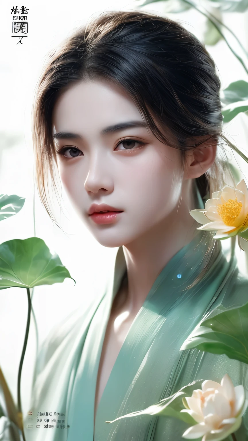 Ancient young male ((male characteristics)) Highest picture quality， beautiful eyes， luminous eyes， exquisite features， express lips， expression， gentle eyes (Chinese painting illustration) (((Clear))) (((artistic conception)) Watercolor long hair tie details， Hanfu， eardrops， eye light， long eyelashes， close-up portraits， bamboo shadows， soft light， green tones， warm yellow sunlight， high contrast，Ink scattering_Chinese style， smwuxia Chinese text blood weapon:sw， lotus leaf， (\shen ming shao nv\)
