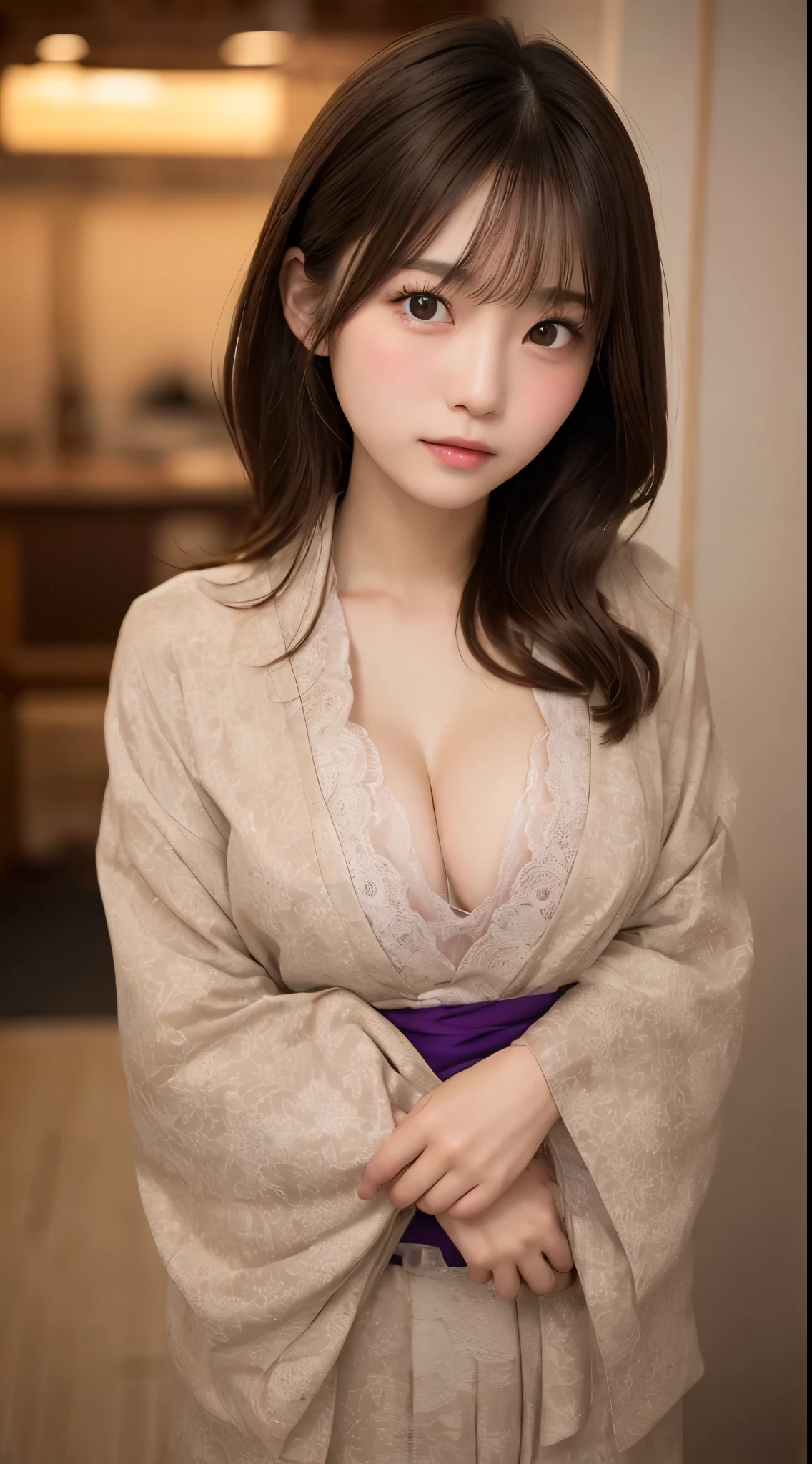 Japanese women, Light brown hair, yukata、medium breast, cleavage, Ultra Fine Face, great writing、Thin face, Delicate lips, (Beautiful Eyes:1.3), ((embarrassed:1.3)), Embarrassed and blushing, (Staring at the camera:1.3)、I put my hands on my chest、8k, Super Detail, high quality, 最high quality, High resolution
